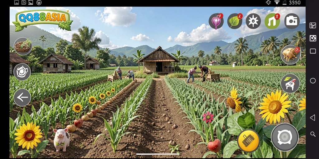 Tangkapan layar gameplay <strong>QQ88ASIA</strong> menunjukkan aktivitas pertanian yang seru.