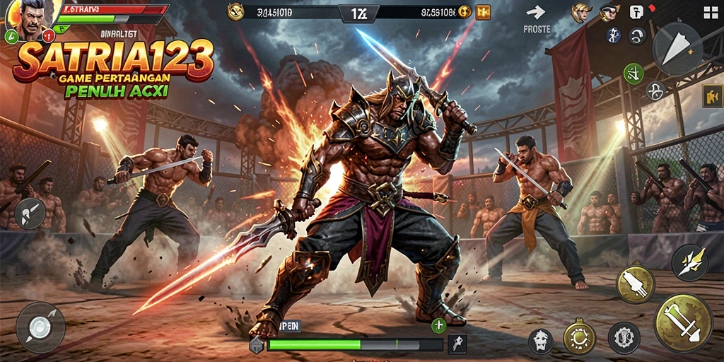 Gameplay SATRIA123 menampilkan pertarungan dinamis dengan karakter yang beraksi.